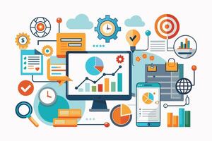 An illustration shows a digital marketing analytics dashboard with charts, graphs, and icons, representing data analysis, performance tracking, and online marketing. vector