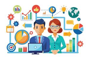 Illustration of two business professionals working together, using a laptop and surrounded by charts and graphs, representing data analysis and strategic planning. vector