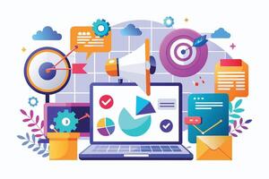 A colorful illustration of a laptop with graphs, a megaphone, a target, and other digital marketing icons. vector
