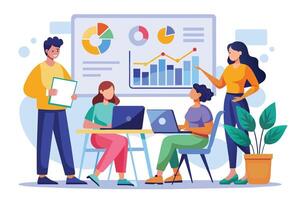 Four people, including two women and two men, participate in a meeting focused on data analysis. The presentation is centered on graphs and charts displayed on a whiteboard. vector