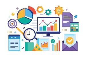 A colorful illustration depicting various business concepts such as data analysis, growth, target, time, and success. vector