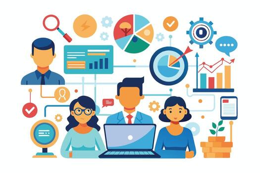 Illustration of a team of three business professionals working on a laptop with various data and analytics visualizations. vector