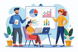 Three business professionals are engaged in a meeting, discussing data analysis presented on a whiteboard. vector