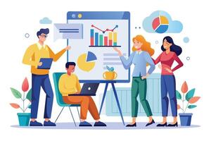 Diverse team at a whiteboard analyzing data and strategizing collaboratively, emphasizing teamwork and data-driven decision-making in business. vector