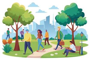 A diverse group of people walk and relax in a park with green trees and a cityscape in the background. vector