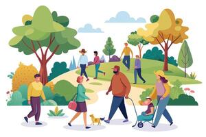 An illustration depicting people of different ages and backgrounds enjoying a sunny day in a park with lush greenery and trees. vector