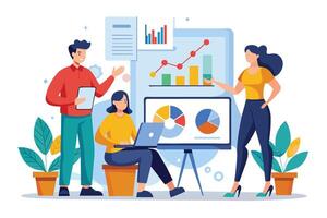 A team of three colleagues is working together to analyze data charts and graphs. They are collaborating on a project, likely discussing trends and insights. vector