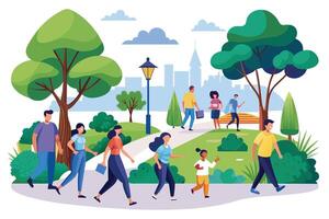 A group of people, including adults and children, walk through a city park on a sunny day. The park is filled with trees and greenery, with a cityscape visible in the background. vector