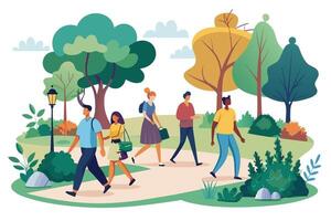 A group of diverse friends are walking together in a sunny park. There are many green trees and a lamppost in the background. The friends are smiling and enjoying their time together. vector