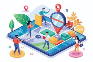 An illustration depicting people using a navigation app on their smartphone to explore the city. The app displays a map with location markers and directions. vector