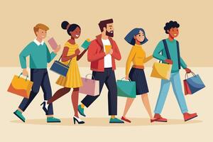 A group of five diverse shoppers, each holding multiple shopping bags, are walking together after completing their purchases. vector