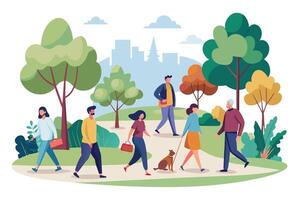 An illustration of people walking and enjoying a sunny day in a city park. There are trees, green grass, and a small dog. vector