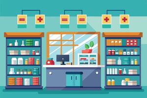 A colorful cartoon illustration of a modern pharmacy interior featuring two shelving units filled with various products, a counter with a computer, and a window with a plant. vector