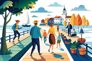 An illustration depicting people walking along a seaside promenade in a quaint town, with colorful buildings, trees, and a sailboat in the background. vector