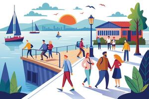 An illustration of a waterfront pier with people walking along it, enjoying the sunset and a view of the city skyline. vector