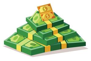 An illustration of a large stack of dollar bills in a pyramid shape. The bills are green with yellow bands, and two individual bills are visible on the top. vector
