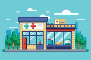 A modern pharmacy building with a red door, surrounded by trees, is located in a city setting. vector