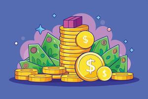 A cartoon image depicting a large stack of gold coins with a small, pink rectangle on top, surrounded by dollar bills and green leaves on a blue background. vector