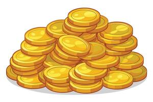 A large pile of shiny gold coins stacked on top of each other against a white background. The coins are circular with a raised rim and a smooth surface. vector