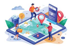 Digital map illustration with 3 people using GPS. One points to a location, one has a device, and one holds a folder. Surrounded by symbols like trees and clouds. vector