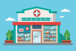 A flat design illustration depicts a modern pharmacy building with large windows and a red awning. There are small trees and white clouds in the background. vector