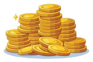 A cartoon illustration of a large stack of shiny gold coins against a white background. The coins are arranged in a haphazard pile, with a few coins falling out of the stack. vector