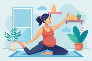 A pregnant woman in a red tank top and black yoga pants does yoga on a blue mat in her home during the day. A window and potted plant are nearby, along with a shelf of decorative items. vector