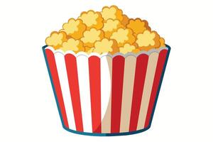 A red and white striped popcorn bucket is overflowing with popcorn. vector