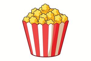 A cartoon illustration of a red and white striped popcorn bucket filled with fluffy popcorn kernels. vector