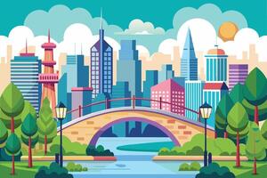 A colorful illustration of a city skyline with a brick bridge, green trees, and a river running through it. vector