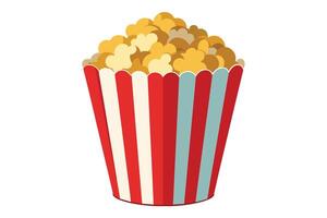 An illustration of a red and white striped popcorn bucket overflowing with yellow popcorn. vector