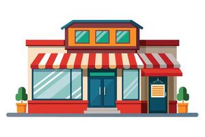 A cartoon illustration of a storefront with a red awning and two small trees in front. vector