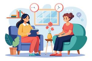A therapist, holding a clipboard, sits across from a patient in a therapy session. The patient is smiling and talking. vector