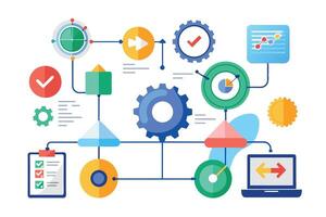A colorful illustration depicting a complex business process workflow diagram with various icons and elements, including gears, checkmarks, arrows, and data points. vector