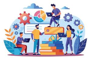 Illustration of a team of four people working on a project. They are using laptops, looking at charts, and collaborating with each other. vector