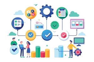 Illustration of a business process optimization and automation workflow with checkmarks, charts, and people working together. vector