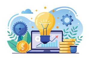 An illustration of a lightbulb idea growing on a laptop screen with a graph and gold coins, symbolizing business growth and success. vector