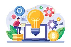 Illustration of a man working on a laptop with a lightbulb and coins, representing the concept of generating profitable ideas. vector