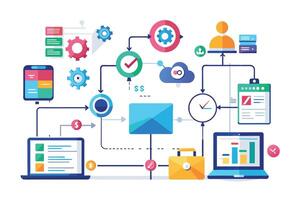 An illustration depicting a complex business workflow process with various steps, including data entry, approval, cloud storage, communication, security, and reporting. vector