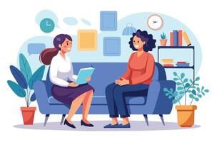 A therapist sits on a blue couch with a client, listening to her concerns. The therapist holds a notebook and looks attentive. vector