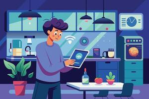 A man stands in a modern kitchen at night, using a tablet to control smart home appliances. vector