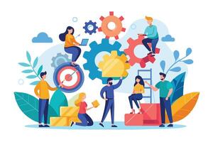 An illustration depicting a team of diverse people working together to achieve a common goal. They are using different tools and methods, represented by gears, ladders, and targets. vector