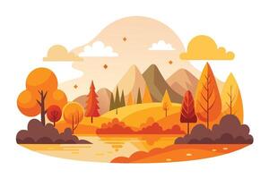 An illustration of an autumn landscape with mountains, trees, and a river, set against a backdrop of clouds. The colors are warm and inviting, with shades of orange, yellow, and brown. vector