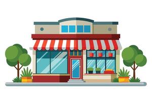A storefront with a red and white striped awning and two large glass windows on either side of a door. There are potted plants outside and trees in the background. vector