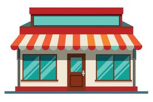 A cartoon illustration of a small store with a red and white striped awning and a red roof. vector