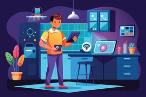 A man stands in a modern kitchen at night, using a tablet and surrounded by smart devices. vector