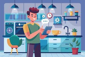 A man stands in a modern kitchen, using his smartphone to control smart home appliances and devices. vector