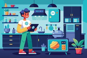 A young man uses a tablet while standing in a modern kitchen with smart appliances. vector
