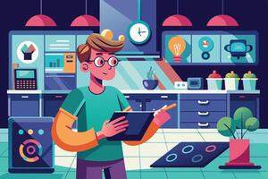 An illustration of a man taking notes in a modern kitchen. The kitchen features smart home technology, with a variety of devices and appliances connected to the internet. vector
