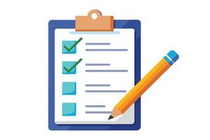 A clipboard with a checklist and a yellow pencil. Two of the checklist items are marked complete with green checkmarks. vector